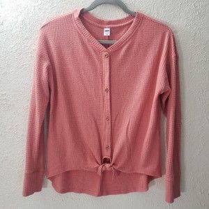 Old Navy Sz XL Women's Pink Waffle Knit Shirt Henley Faux Button Front Tie Top